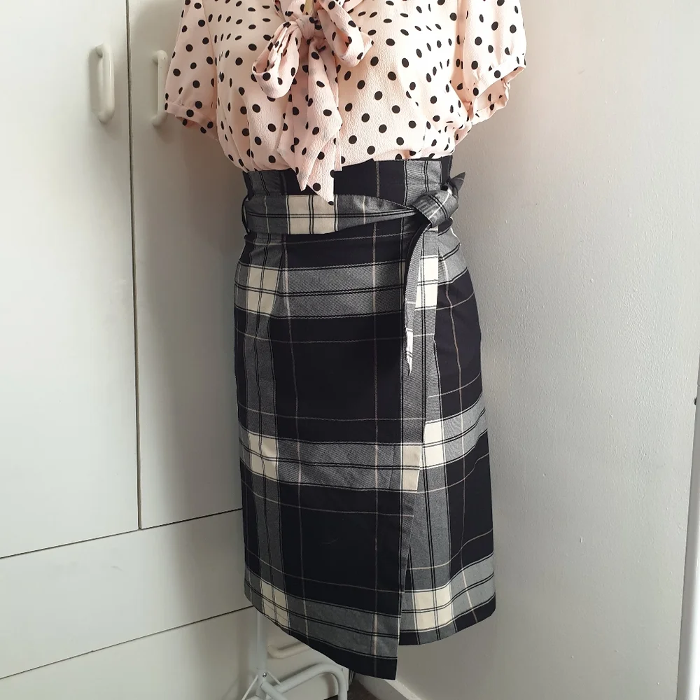 NWT AU 14 Dotti Black White Plaid Midi Belt Wrap Skirt - Picture 13 of 16